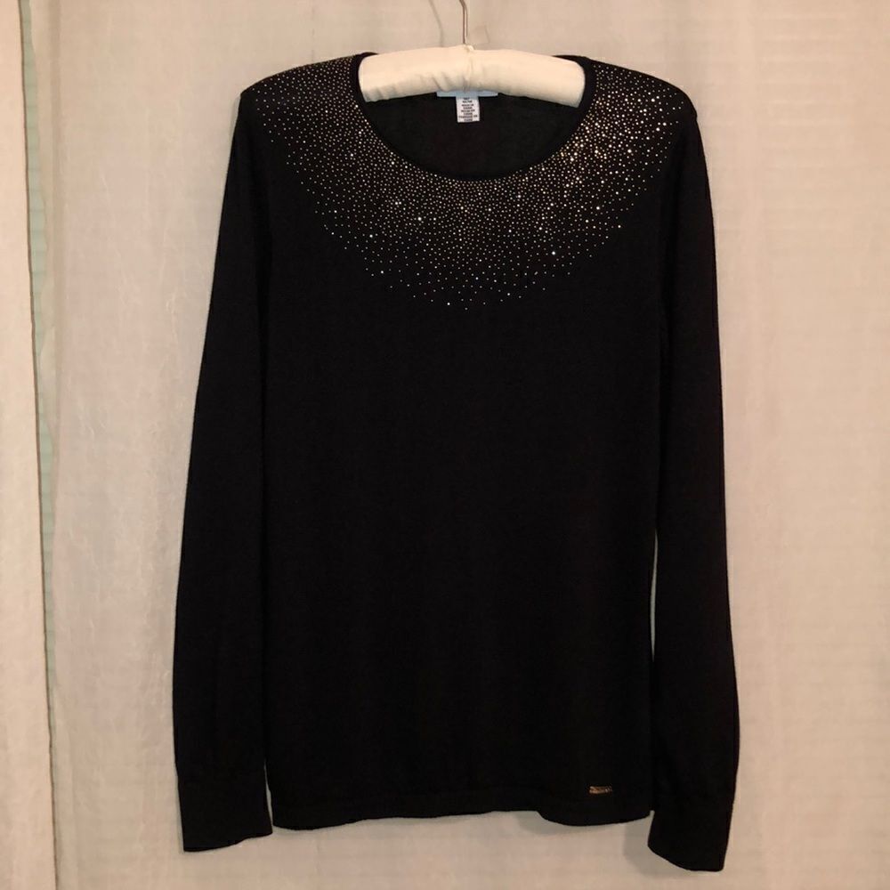 CK M Black Tiny Gold Tone Studs Embellished Chest Knit Pullover Crewneck Sweater
